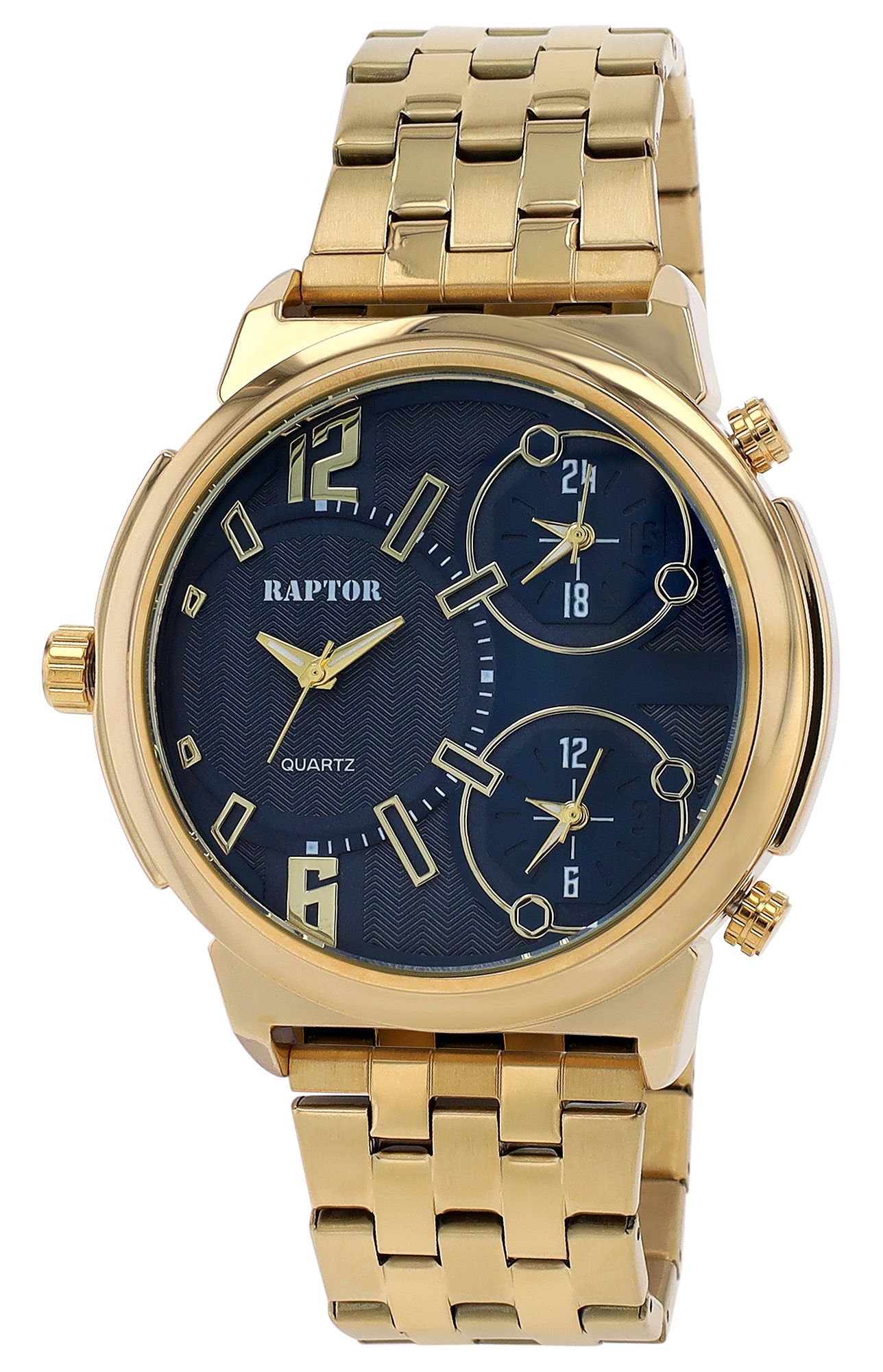 Raptor Herrenuhr "Lucius" mit Edelstahlband, 3-Zeitzonen, goldfarben/ZB blau