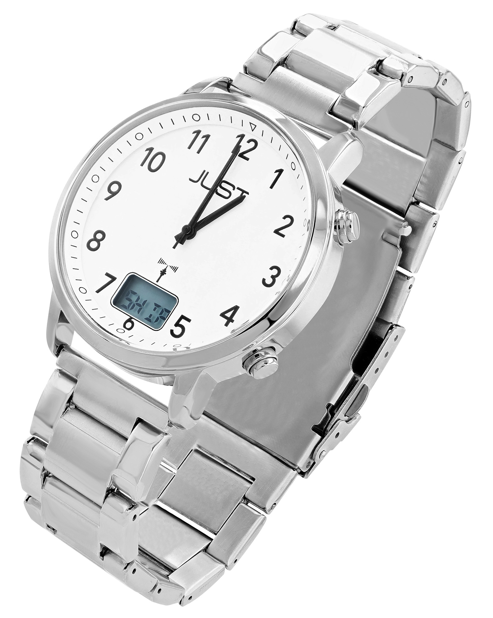 JUST Herren-Funkuhr "Vita Visio" Ø 40 mm (weißes Zifferblatt & Arabische Ziffern), Edelstahl-Gliederband