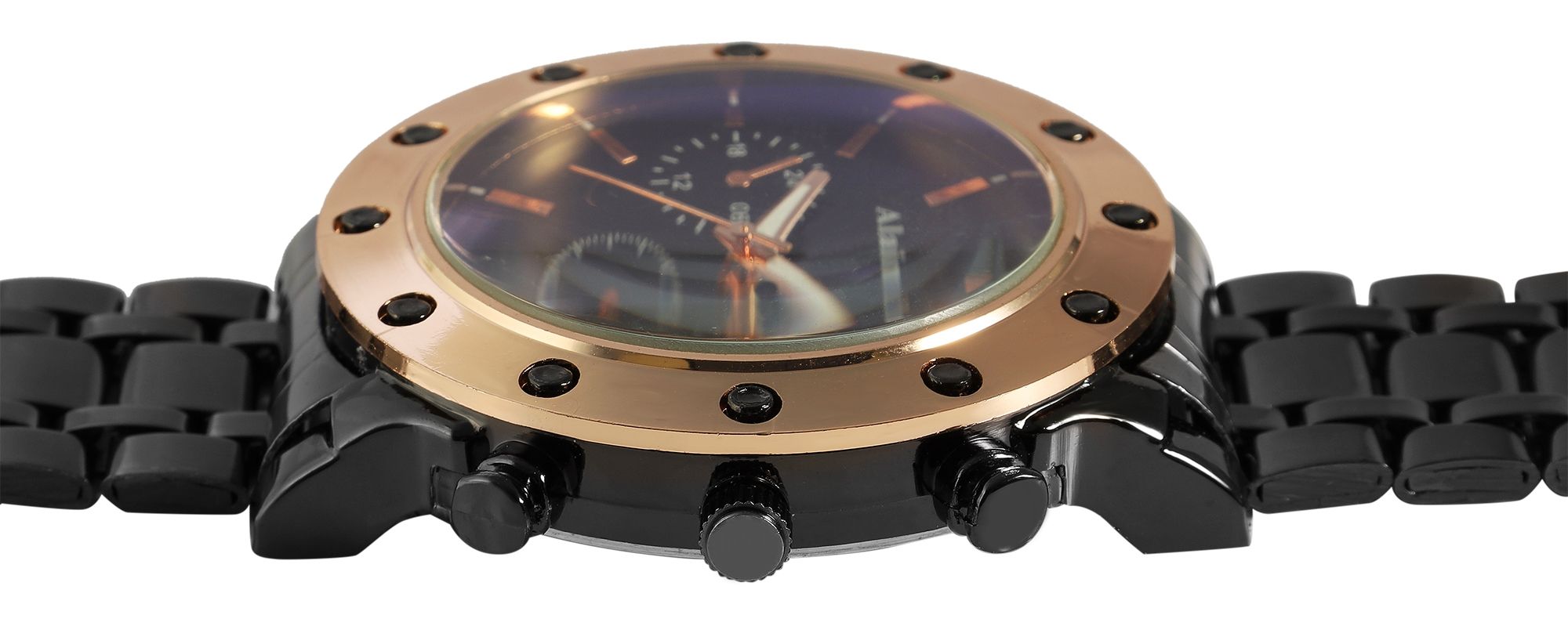 Alain Miller Herrenuhr mit Edelstahlband, schwarz/ rosegoldfarbig