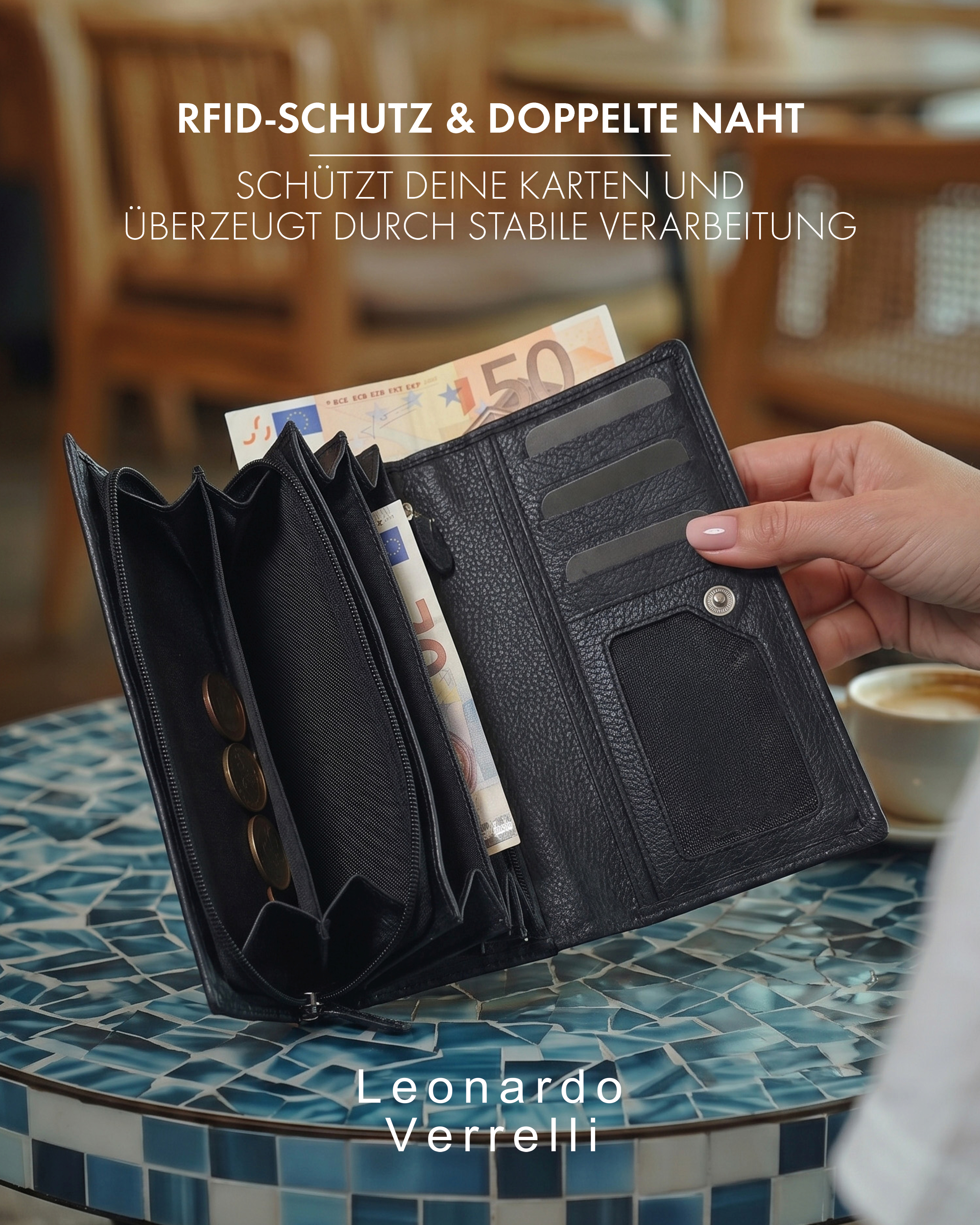 Leonardo Verrelli Damen Geldbörse, Echtleder (Nappa), RFID, Querformat, schwarz