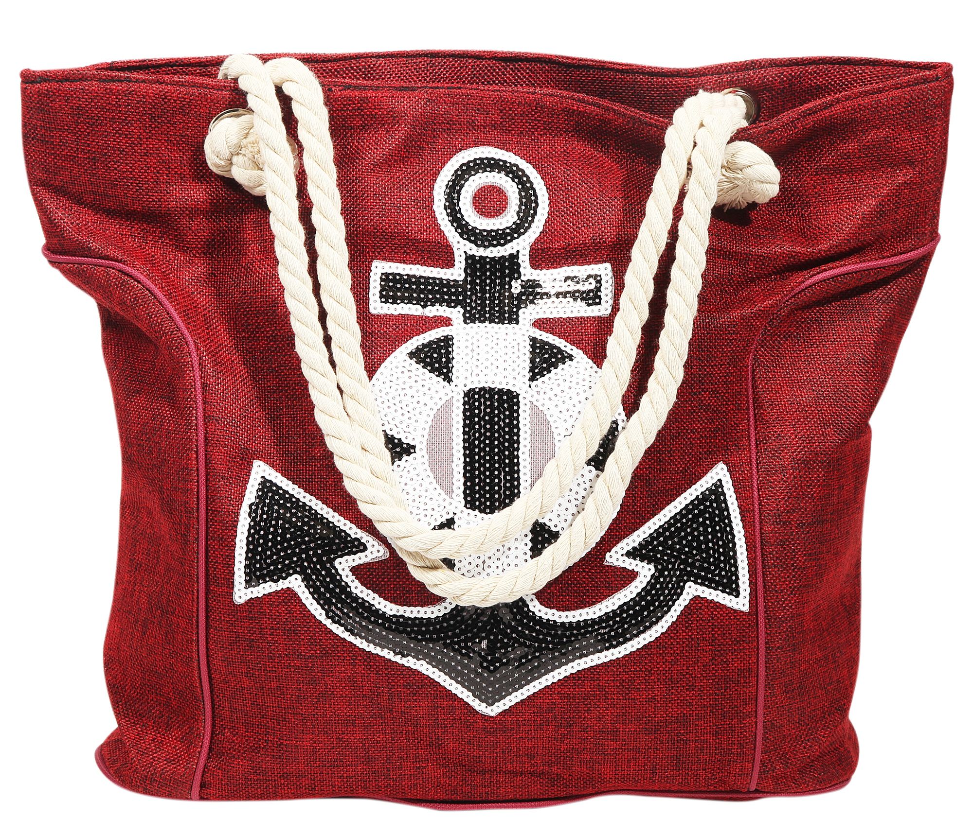 Strandtasche aus Nylon, Ankermotiv aus Pailletten, rot