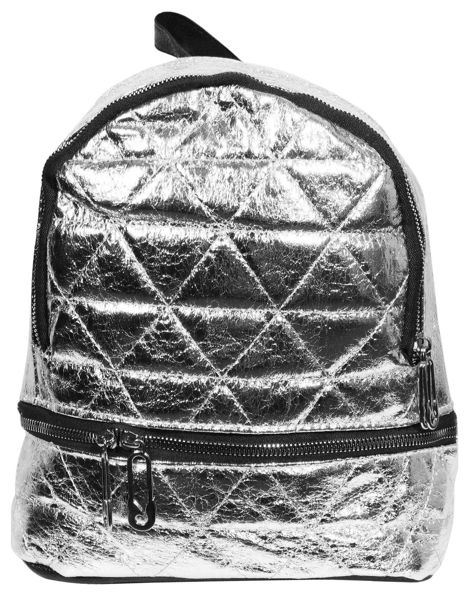 Damen-Rucksack aus Lederimitat, silberfarbig, schwarz, Länge: 26 cm / Breite: 23,5 cm / Stärke: 11,5 cm