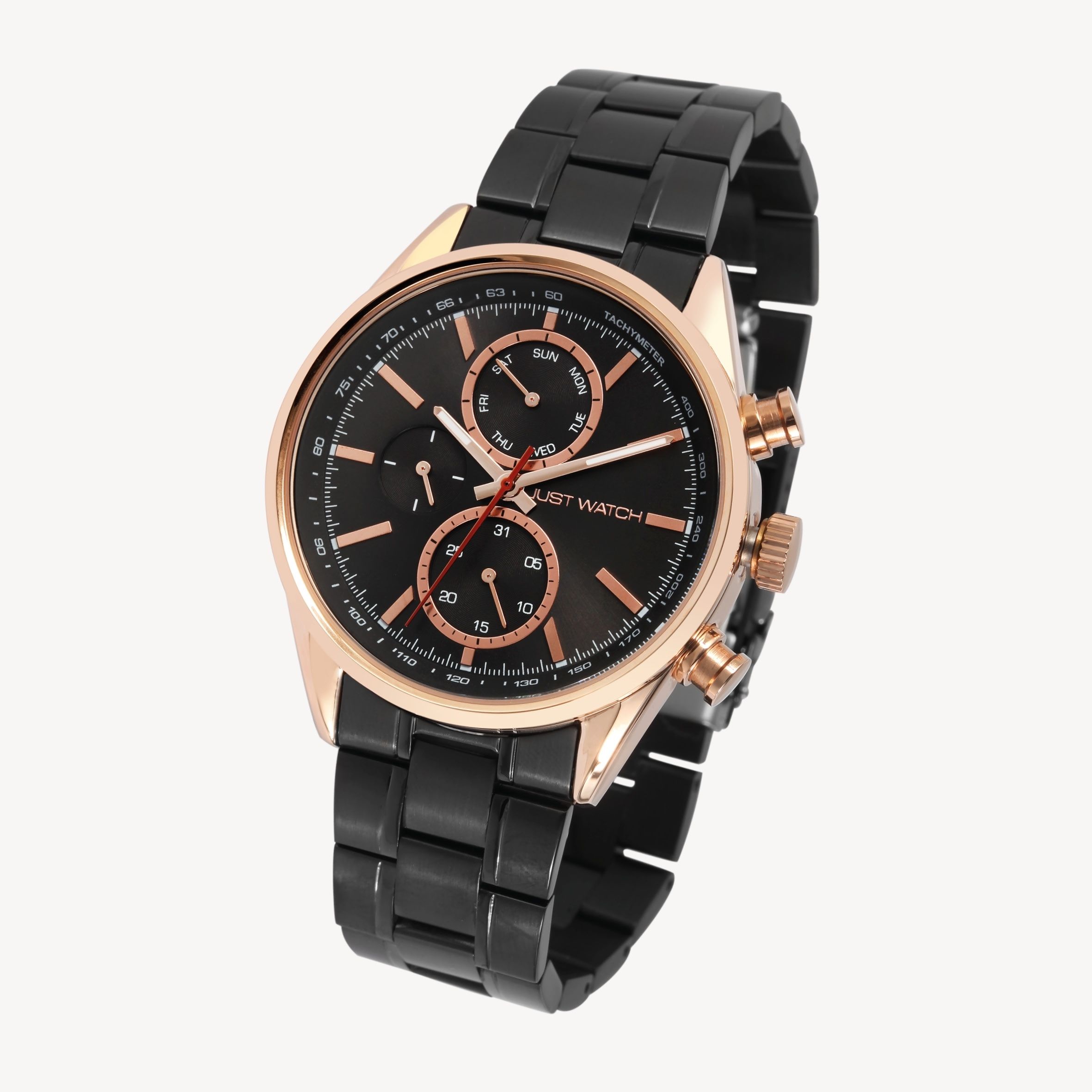 Just Watch Herrenuhr "Valcone" Edelstahlarmband, Datum- und Wochentagsanzeige, schwarz/roségoldfarben