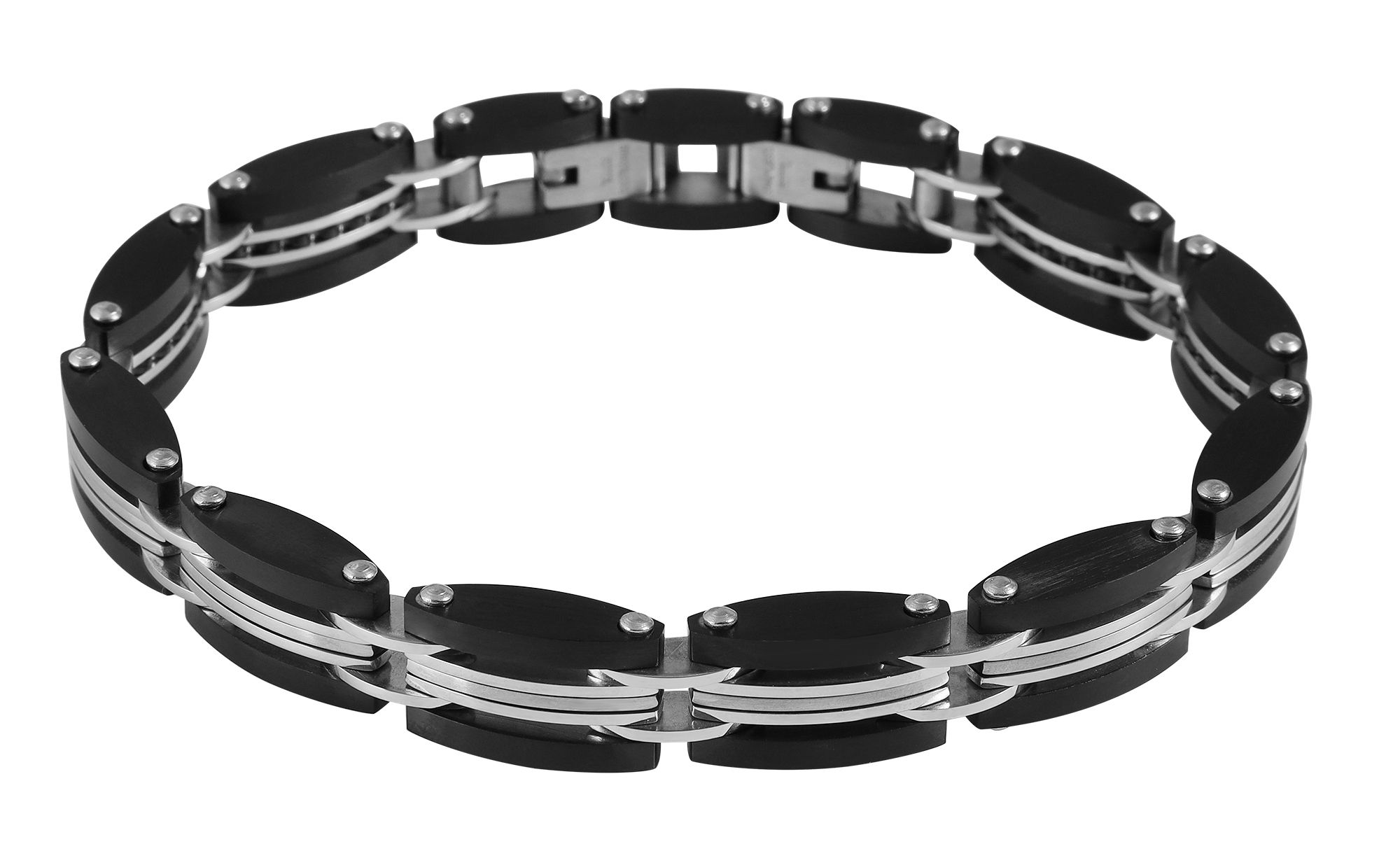 "Bjarne" Edelstahl Armband, 21 cm + 1 cm, mit schwarzen Elementen, Verlängerung