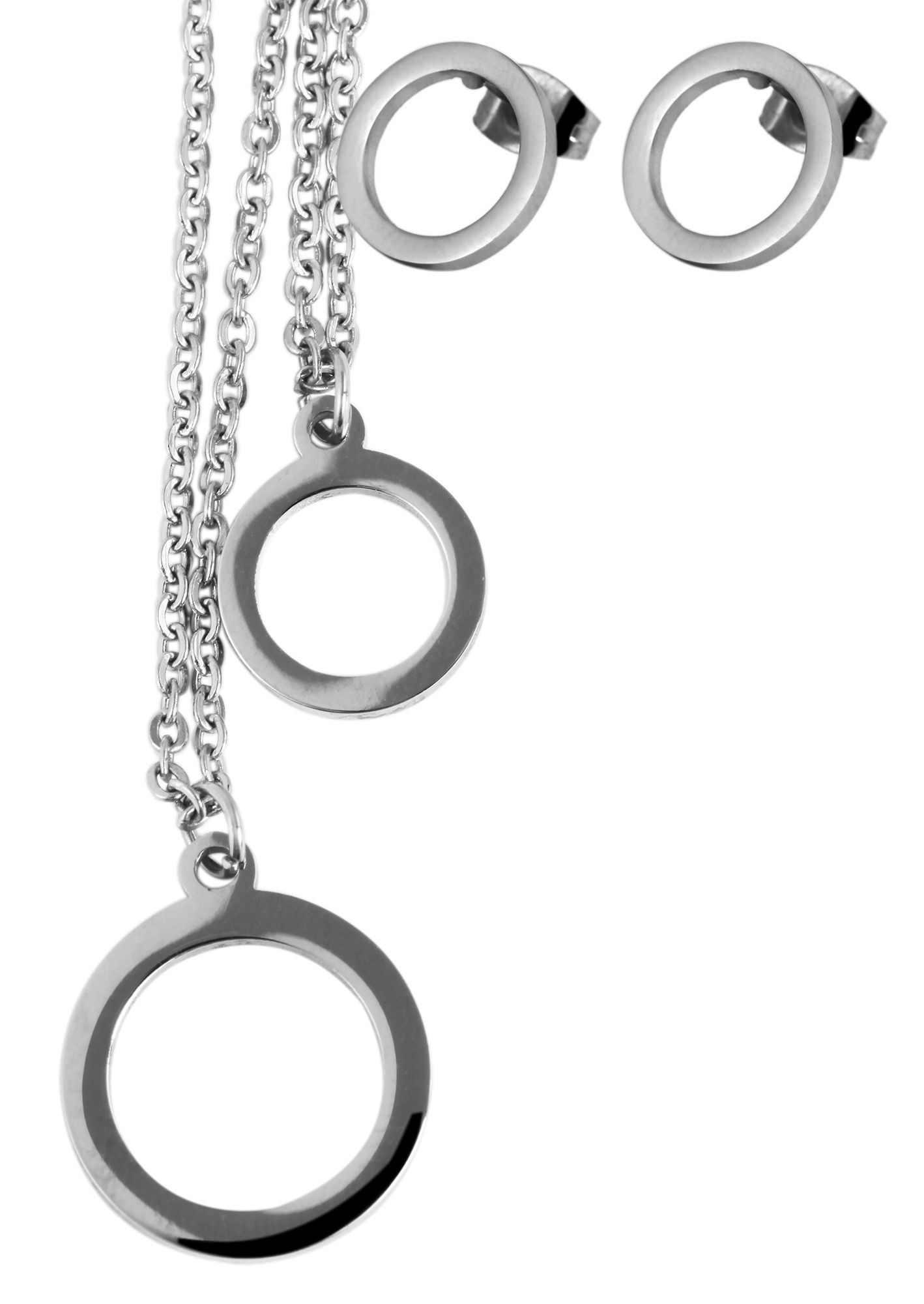 Edelstahl Schmuckset, Kette 43 + 5cm mit Anhänger + Ohrringe, doppelreihige Kette, silberfarbig