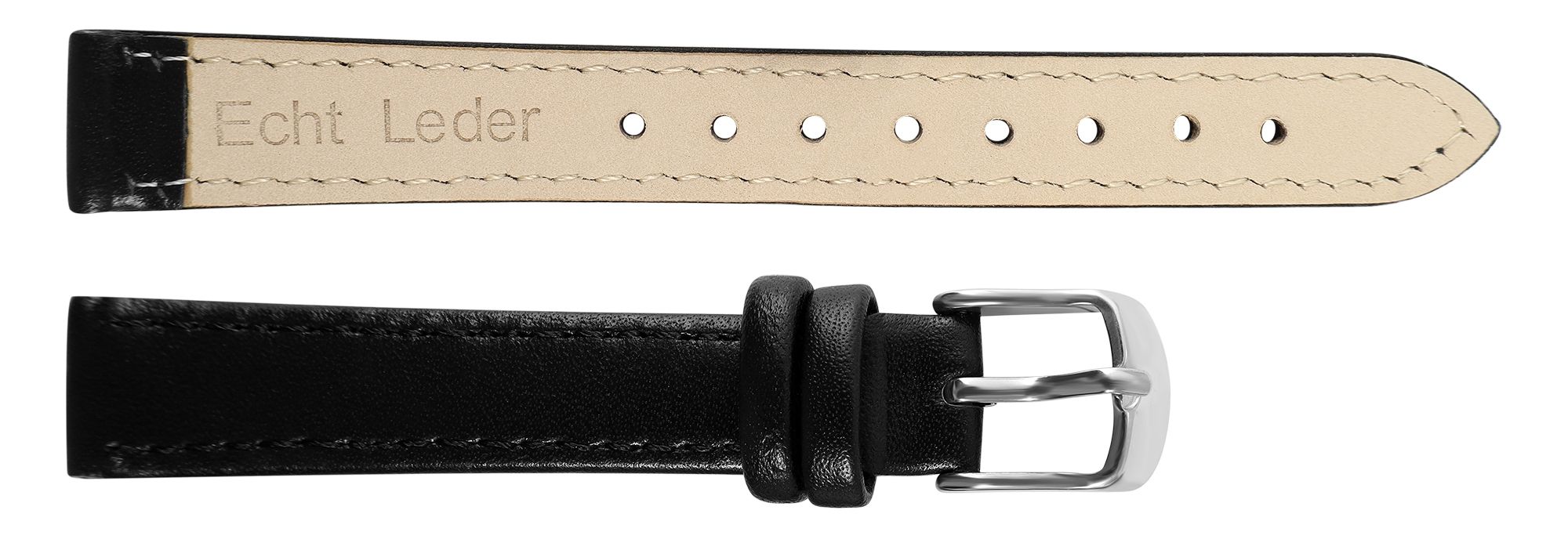 Uhrenarmband aus Echtleder, genäht, schwarz, 14 mm