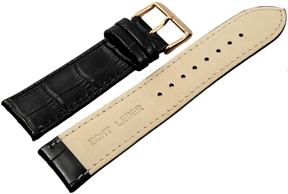 Echtleder-Uhrenarmband, schwarz, Krokooptik, 24 mm
