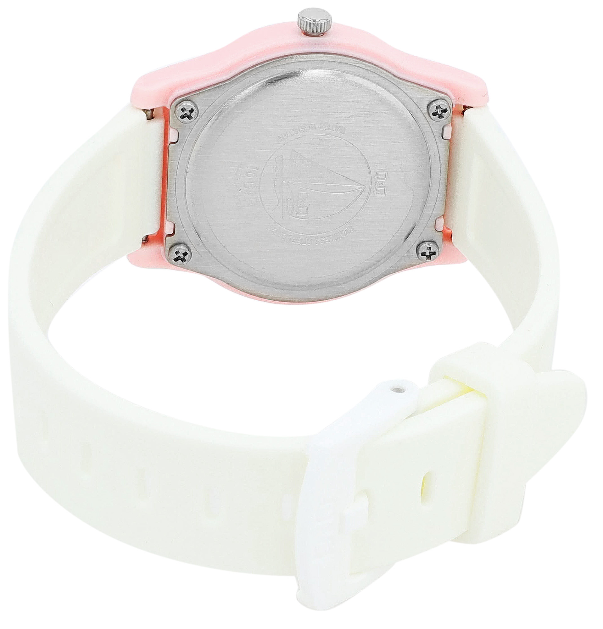 Q&Q Kinderuhr Ø 31 mm, Resinband, weiß/ rosa - Streifenmuster