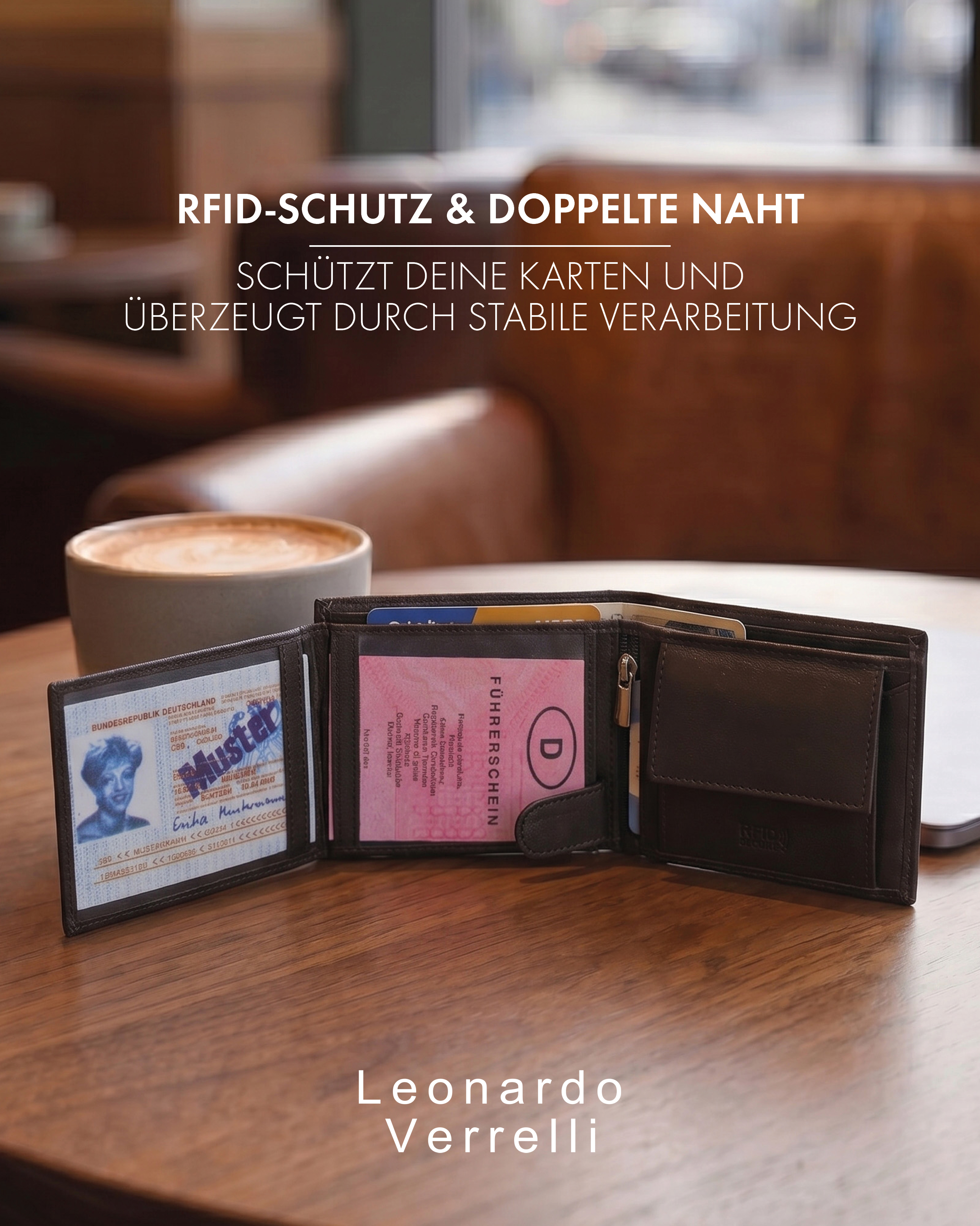 Leonardo Verrelli Echtleder (Nappa) Geldbörse, RFID, Querformat, braun