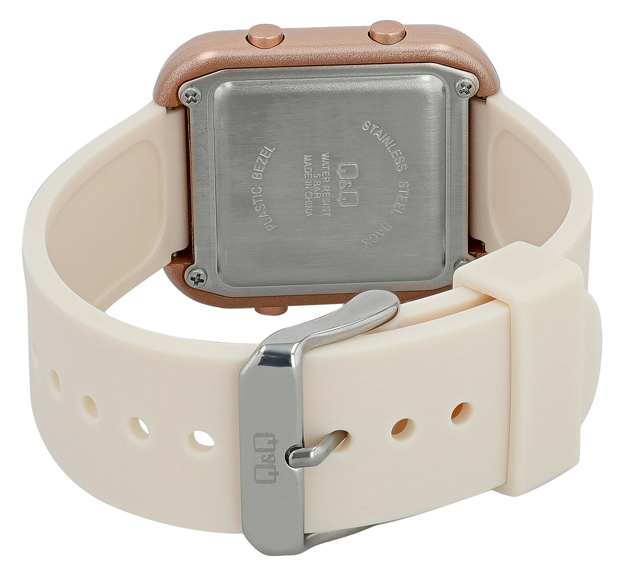 Q&Q Unisex Digitaluhr, Kunststoff, Resinband, creme/roségoldfarben, 5 ATM, 40 x 34 mm