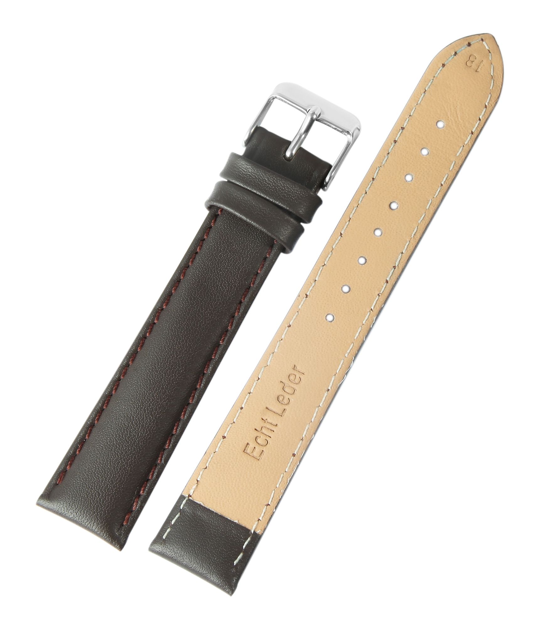 Echtleder-Uhrenarmband, dunkelbraun, gepolstert/ Naht, 18 mm
