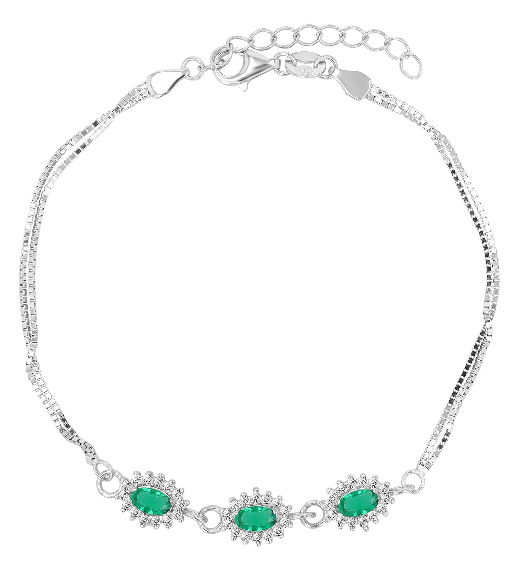 "Diana" 925/- Echt Silber Armband 17+3cm - Entourage Stil, Zirkonia - grün, rhodiniert