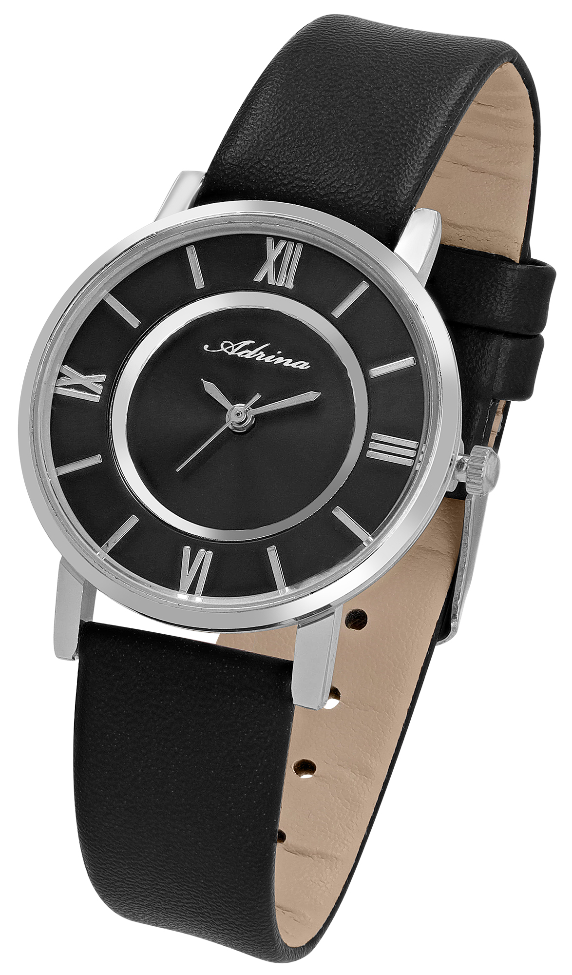 Adrina Damenuhr mit Lederimitationsband, Ø 32 mm, schwarz/ silberfarben