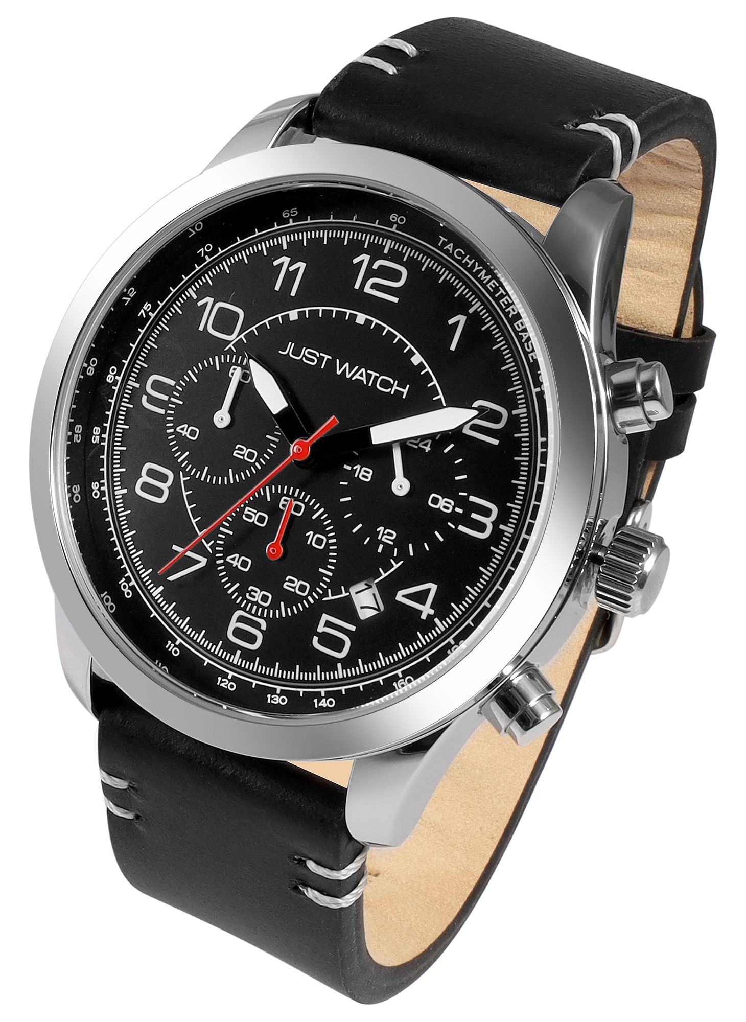 Just Watch Herrenchronograph, Lederarmband, 5 ATM, schwarz