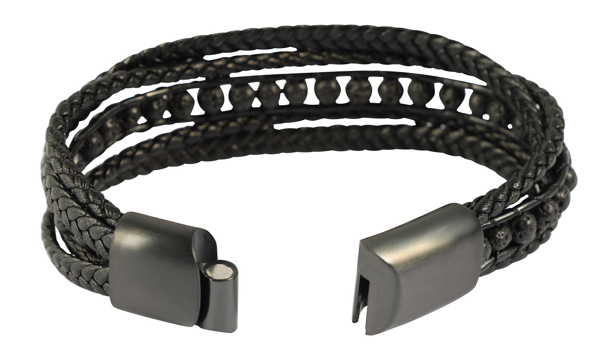 "Neal" 17 cm, Armband aus Lederimitat mit schwarze Lavaperlen, VE-4