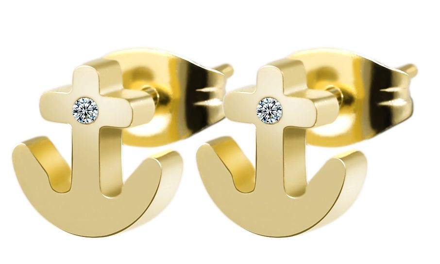 Akzent Edelstahl Ohrstecker, Anker, Similistein, goldfarben