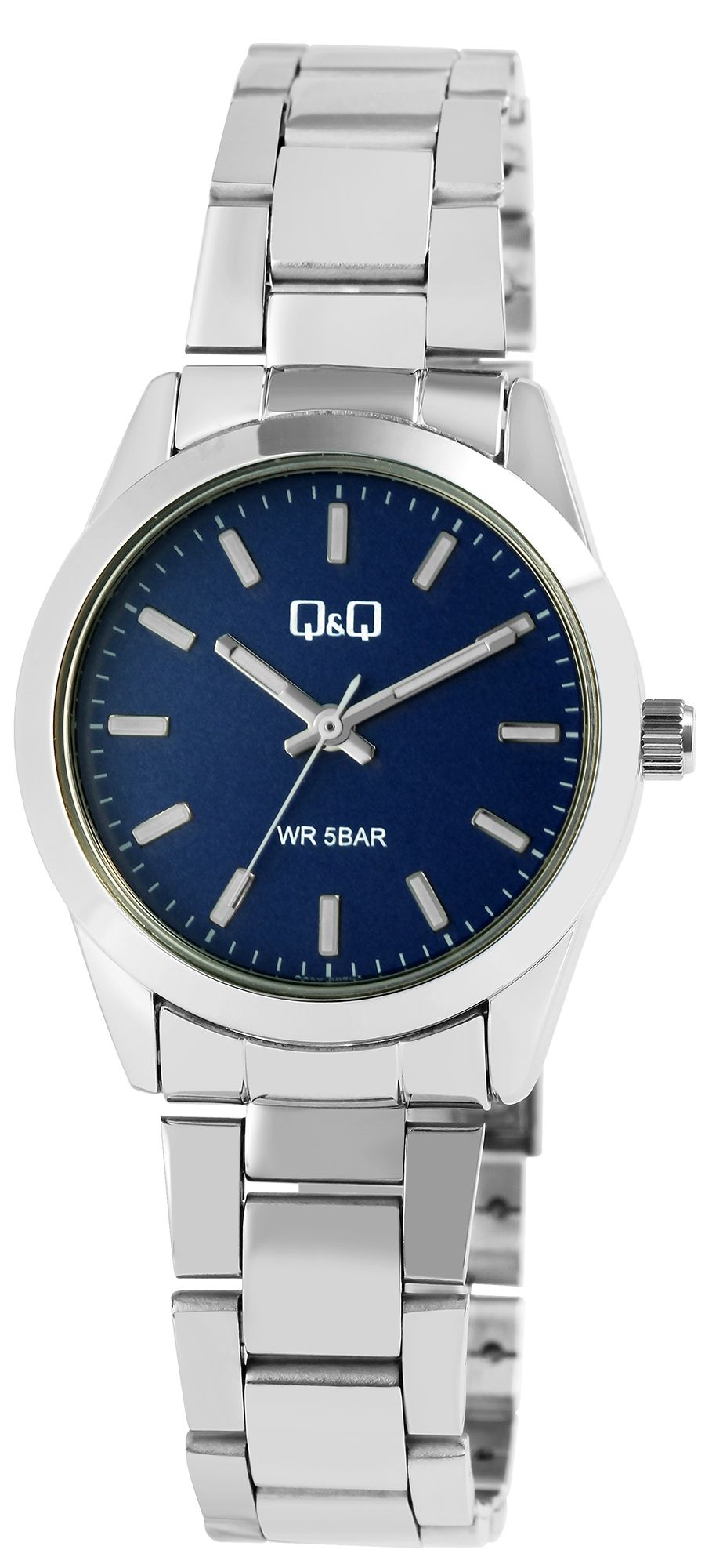 Q&Q Damenuhr, Metall, Edelstahlarmband, silberfarben/blau, 5 ATM, Ø 31 mm