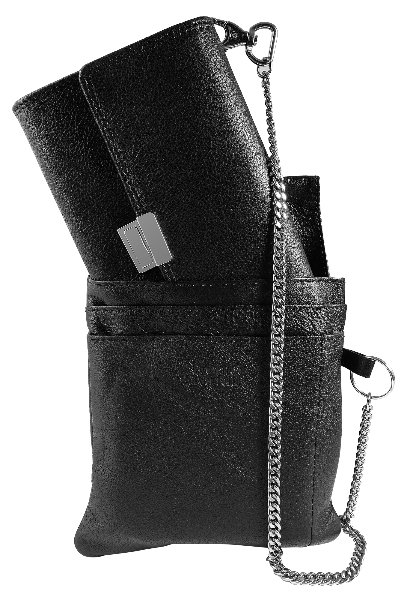 Leonardo Verrelli, Echtleder Kellner-Geldbörse, mit Tasche u. Kette, Tuck Lock-Verschluss, klein, schwarz