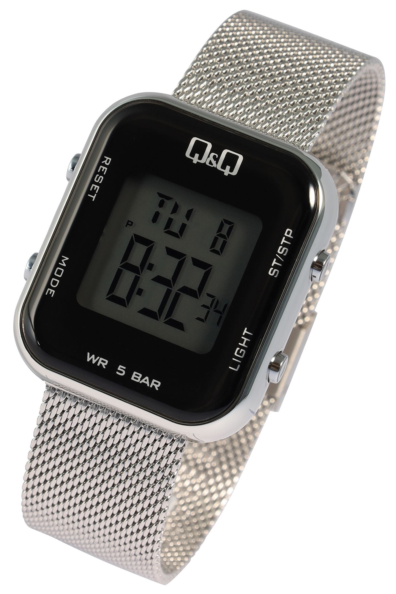 Q&Q Digitaluhr für Damen mit Meshband, Dual Time, 5 ATM, silberfarbig