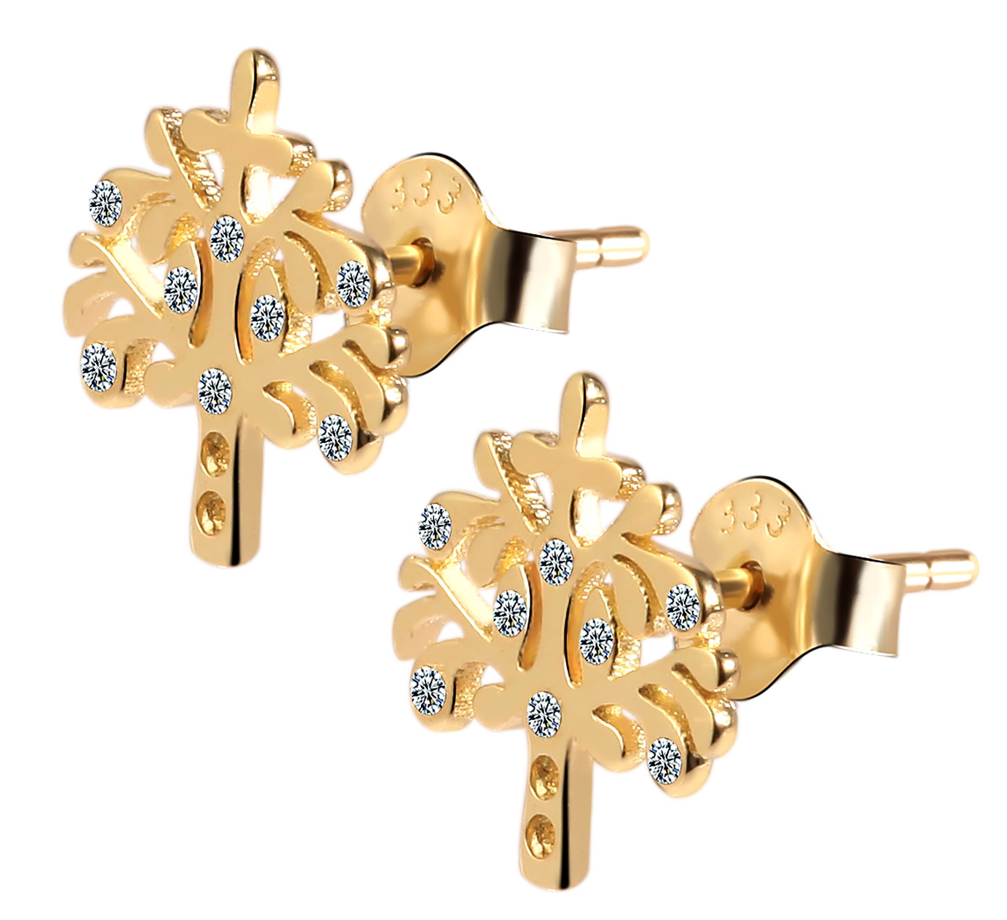 333/- Gold "Tora" Ohrstecker, Lebensbaum mit Zirkoniabesatz, 8 Karat, Gelbgold