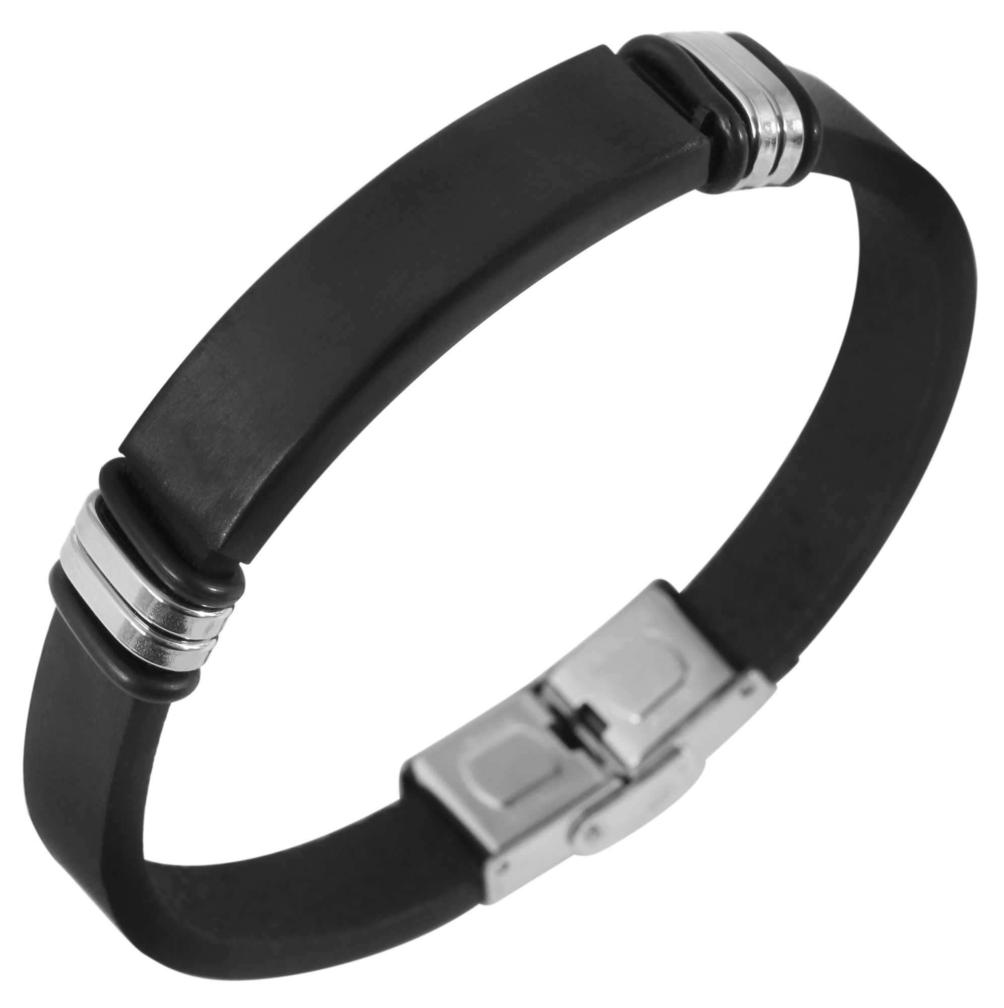 "Jonah" Echtlederarmband mit Edelstahl Gravurplatte, 22 cm, schwarz