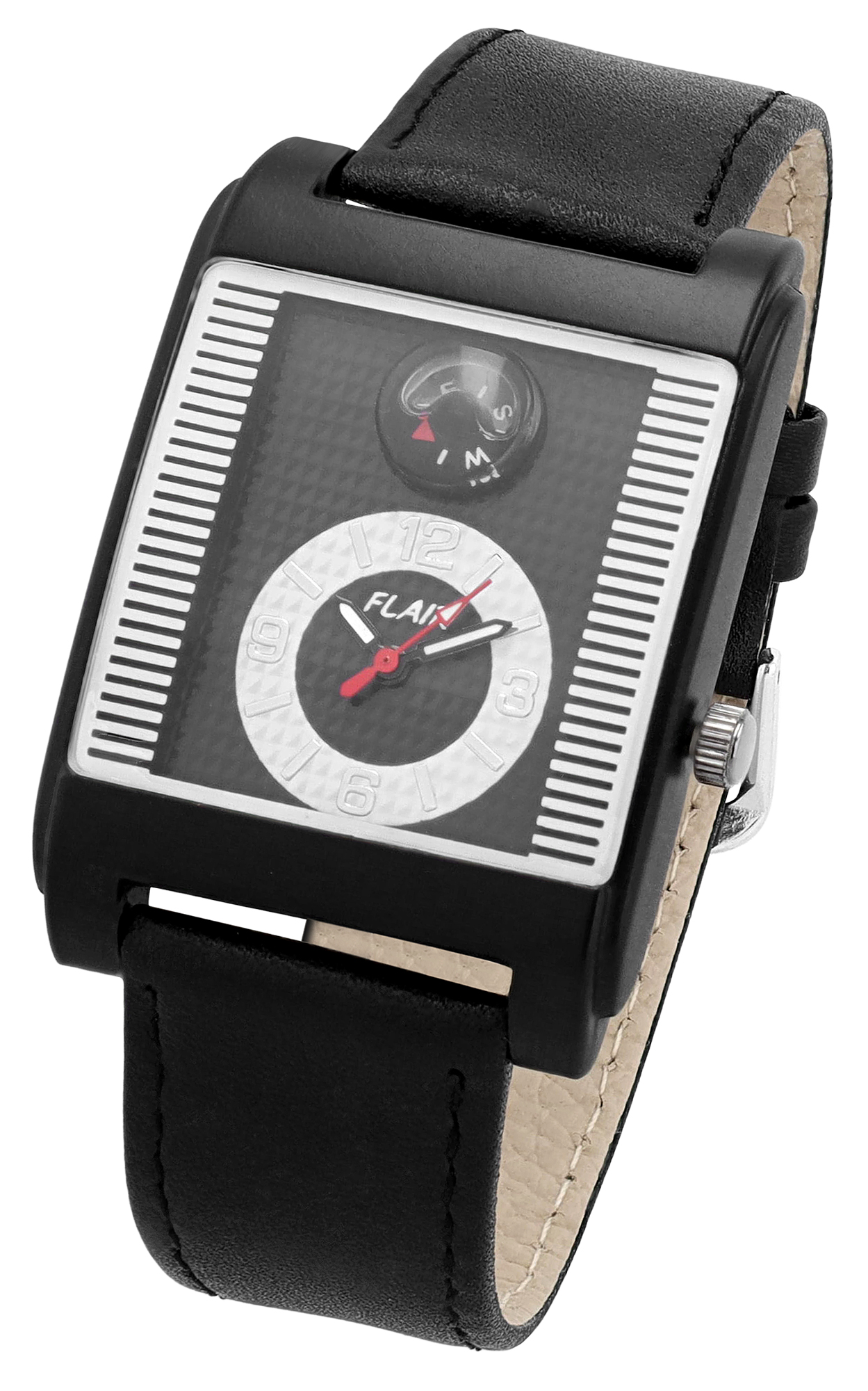 Flair Herrenuhr mit Echtlederband, Kompass, schwarz