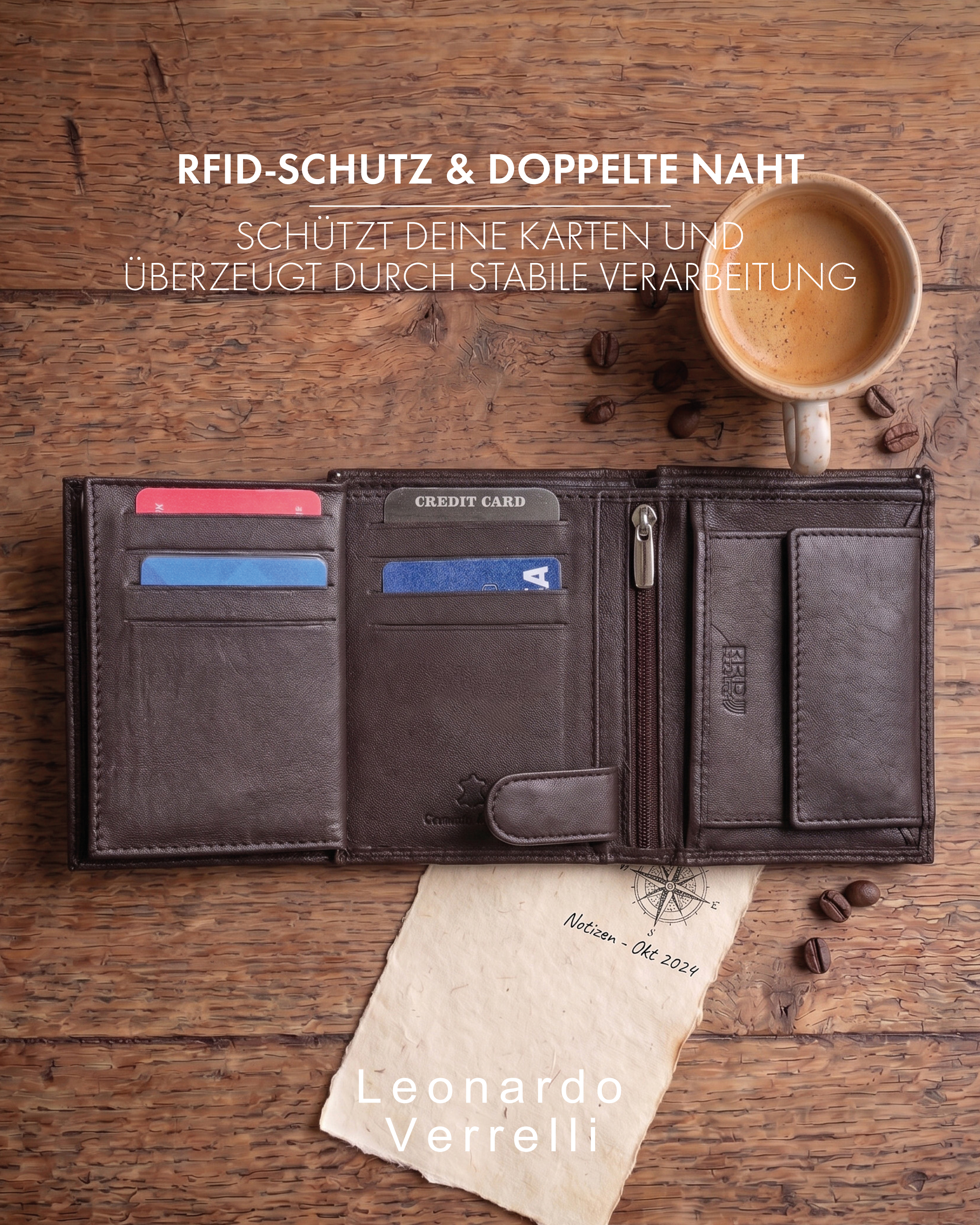 Leonardo Verrelli Echtleder (Nappa) Geldbörse, RFID, Hochformat, dunkelbraun