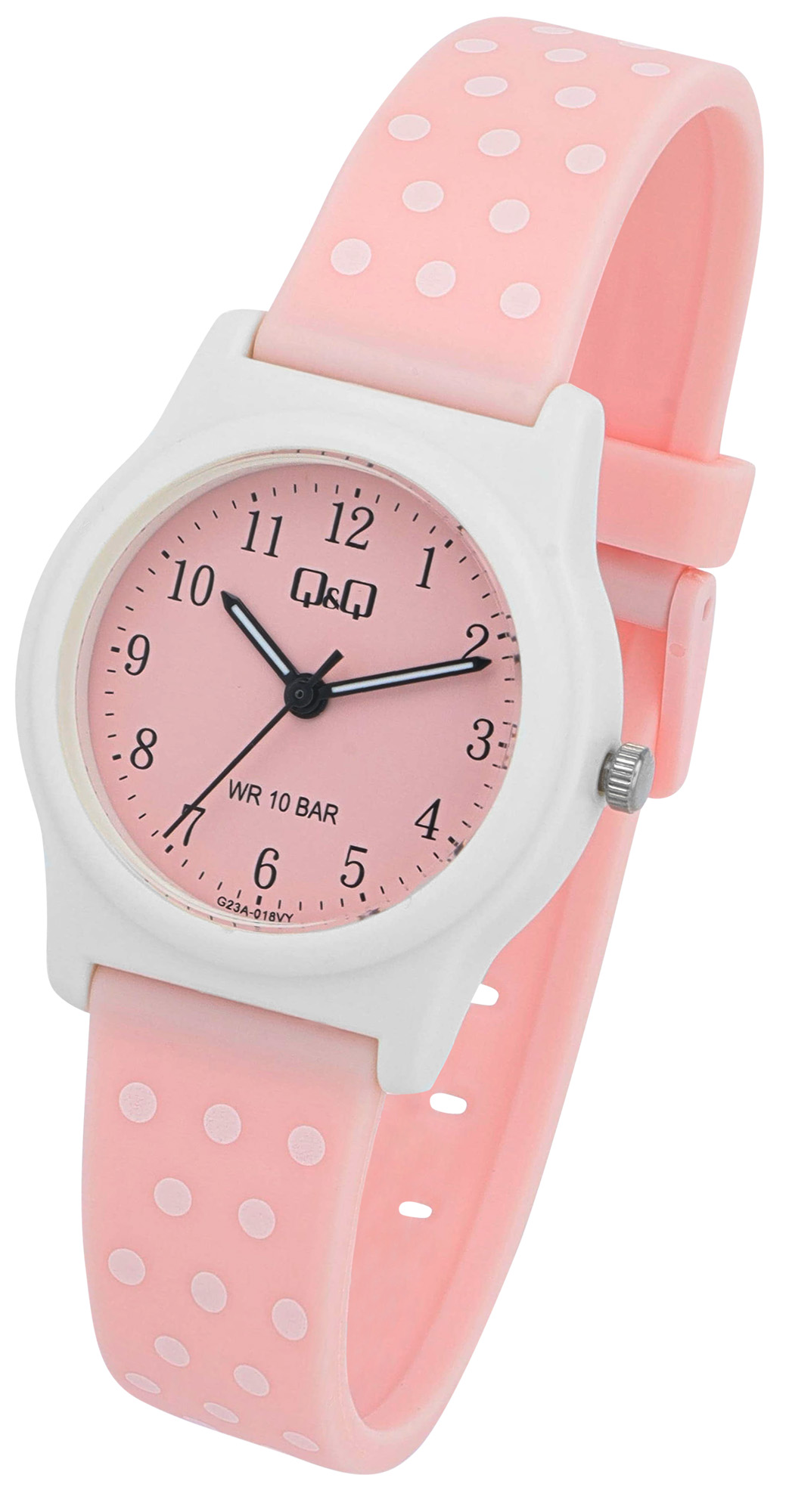 Q&Q Kinderuhr Ø 31 mm, Resinband, rosa/ weiß - Punktemuster