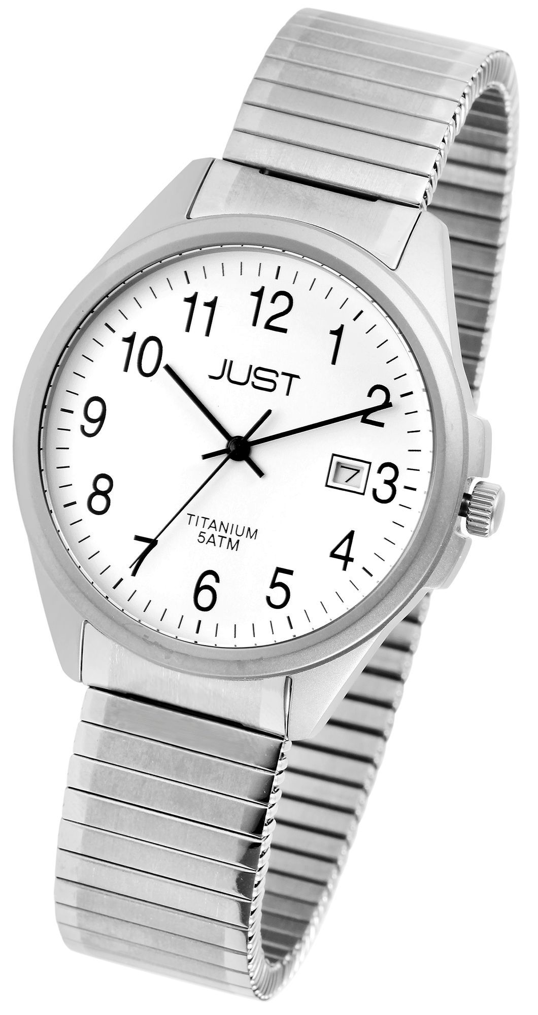 Just Herrenuhr mit Zugarmband, Titan, 5 ATM, weißes ZB