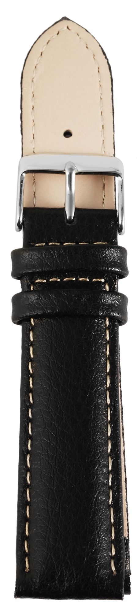 Echtleder Uhrenarmband, Edelstahl Dornschließe, schwarz mit weißer Naht, 18 mm