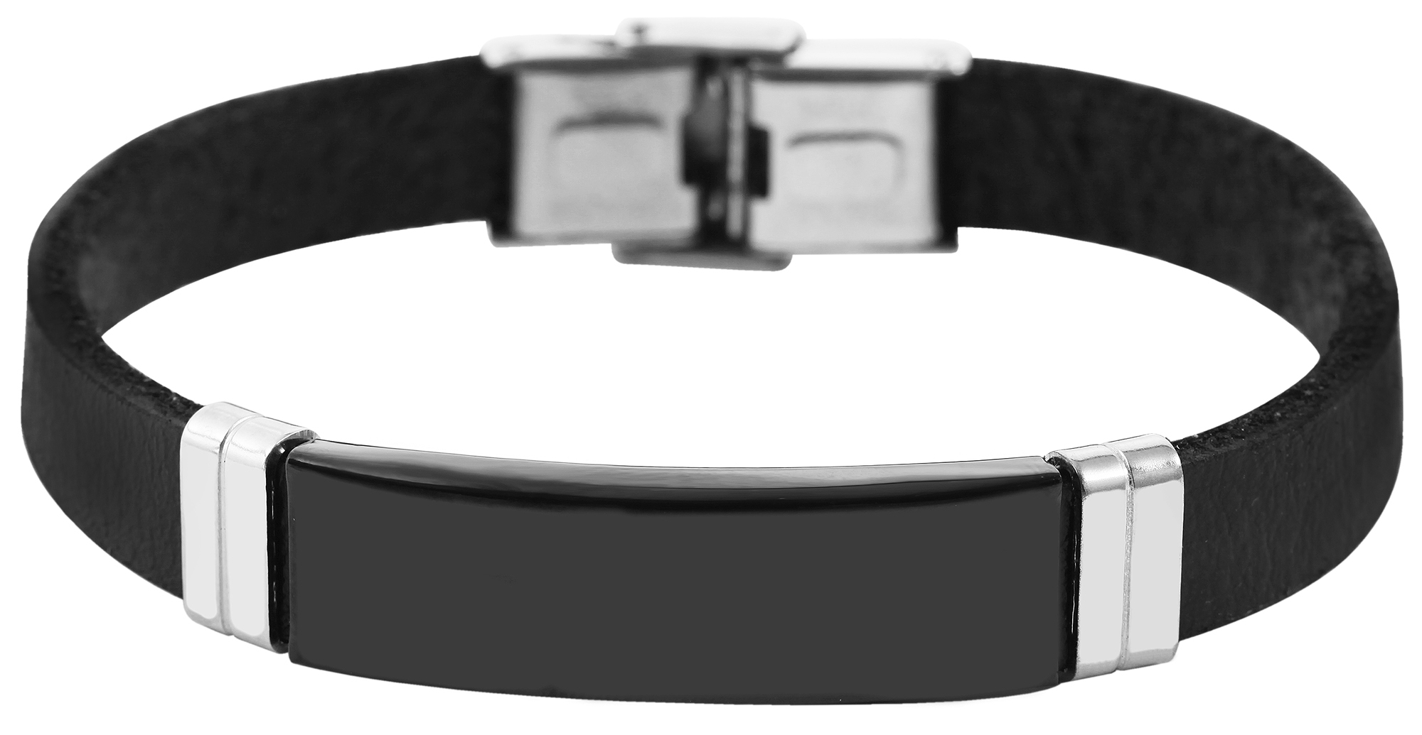 Akzent Echtlederarmband mit Edelstahlgravurplatte, schwarz