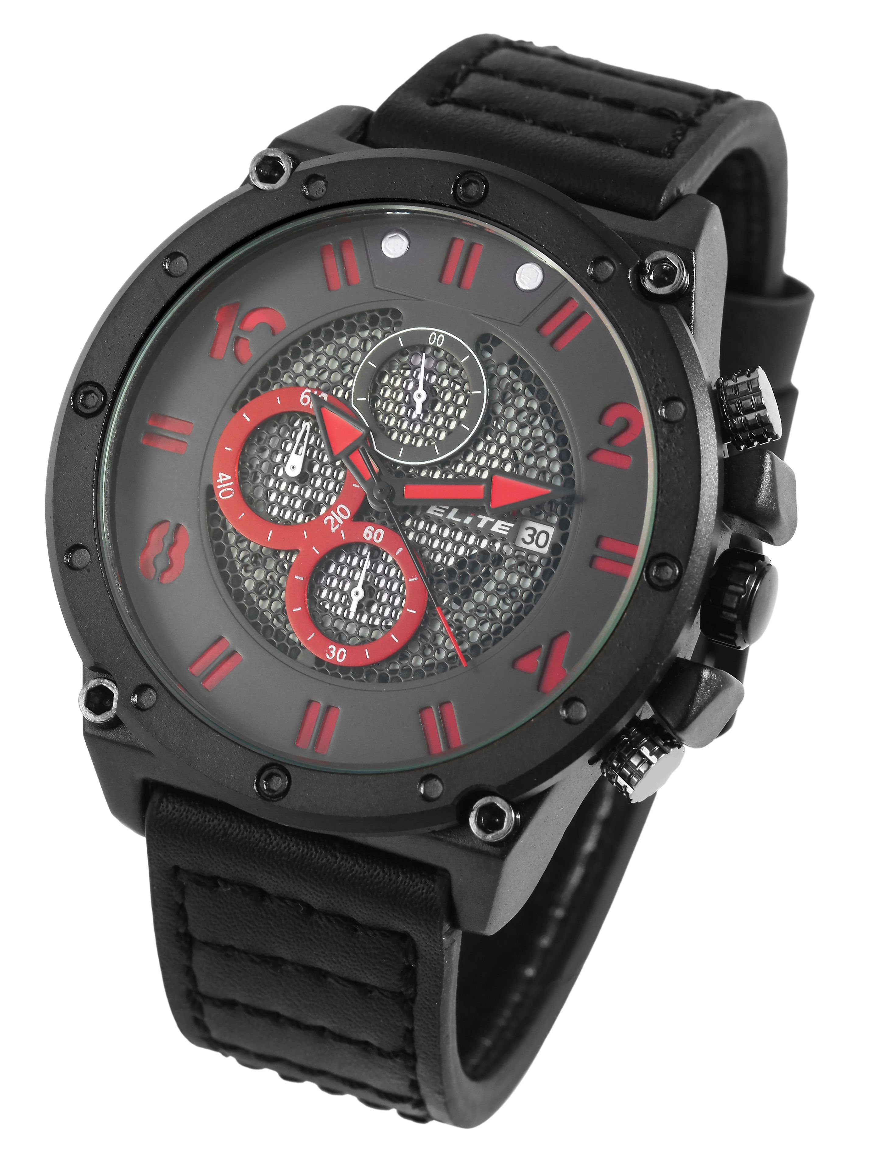 ELITE Herrenchronograph mit Echtlederarmband, schwarz/rot