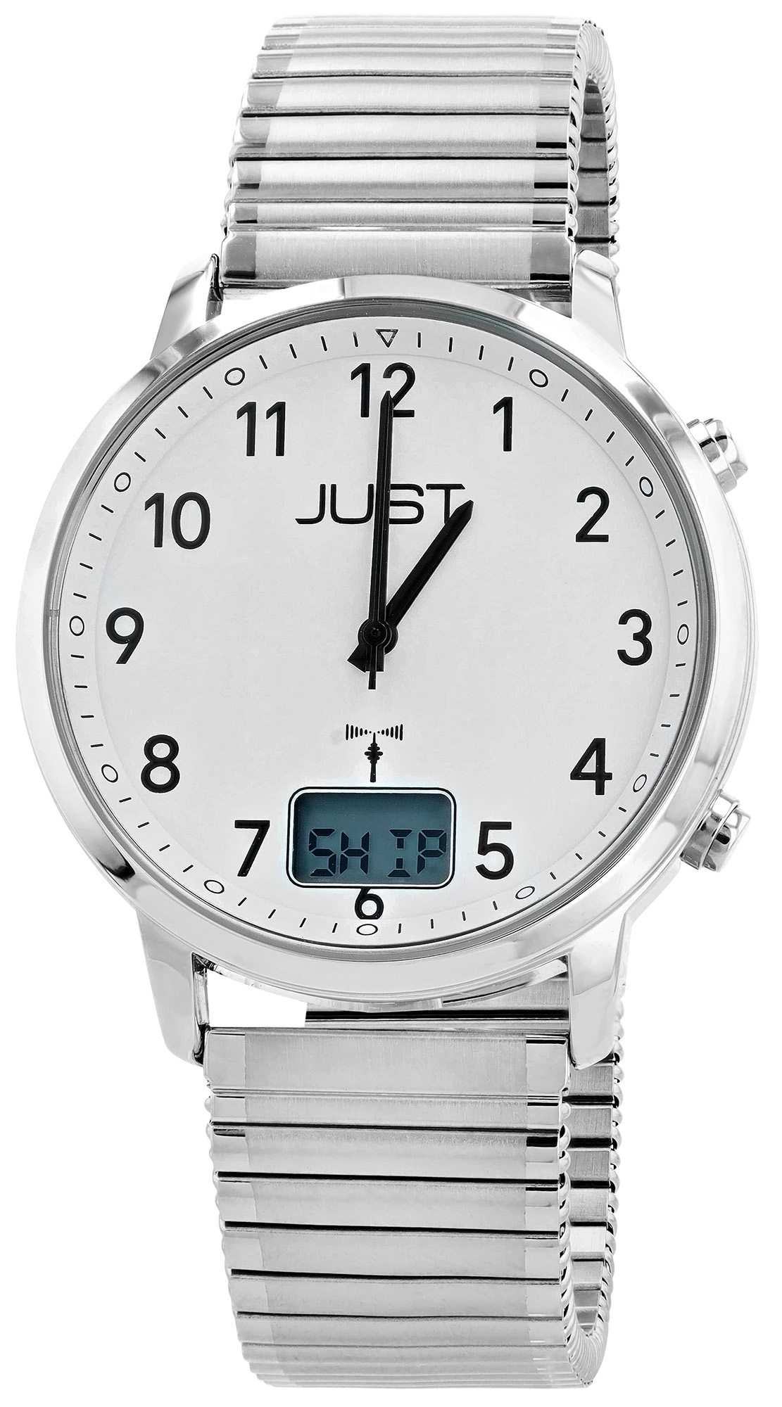 JUST Herren-Funkuhr "Vita Visio" Ø 40 mm (weißes Zifferblatt & Arabische Ziffern), Edelstahl-Zugband