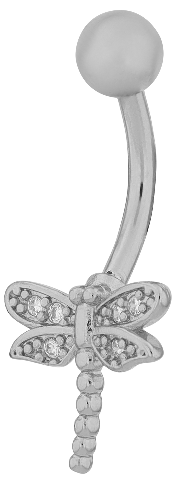 "Emy" Edelstahl-Bronze Bauchnabelpiercing, Länge 12 mm/ Stärke 1,8 mm, Libelle, Zirkonia, silberfarben