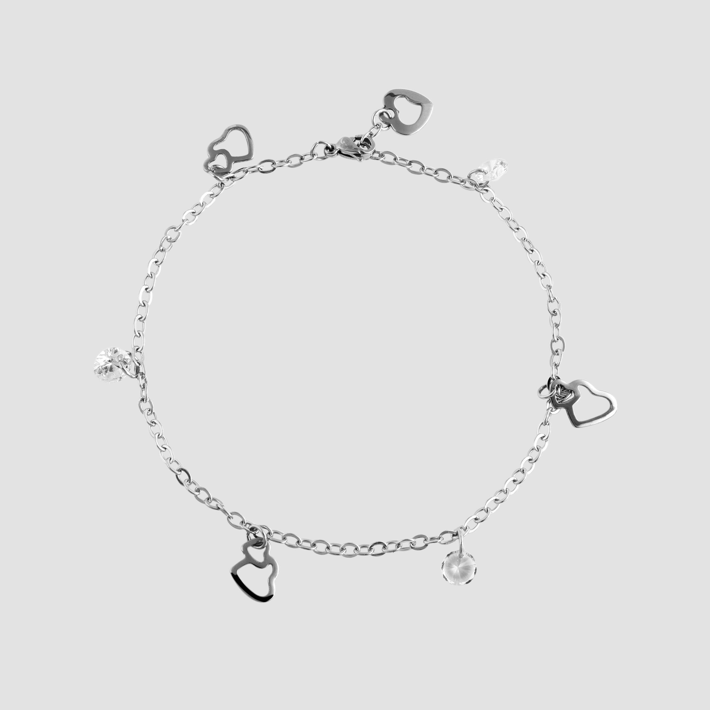 "Lia", Akzent Edelstahl Fußkette, Similibesatz, Herz, silberfarbig, 25 cm