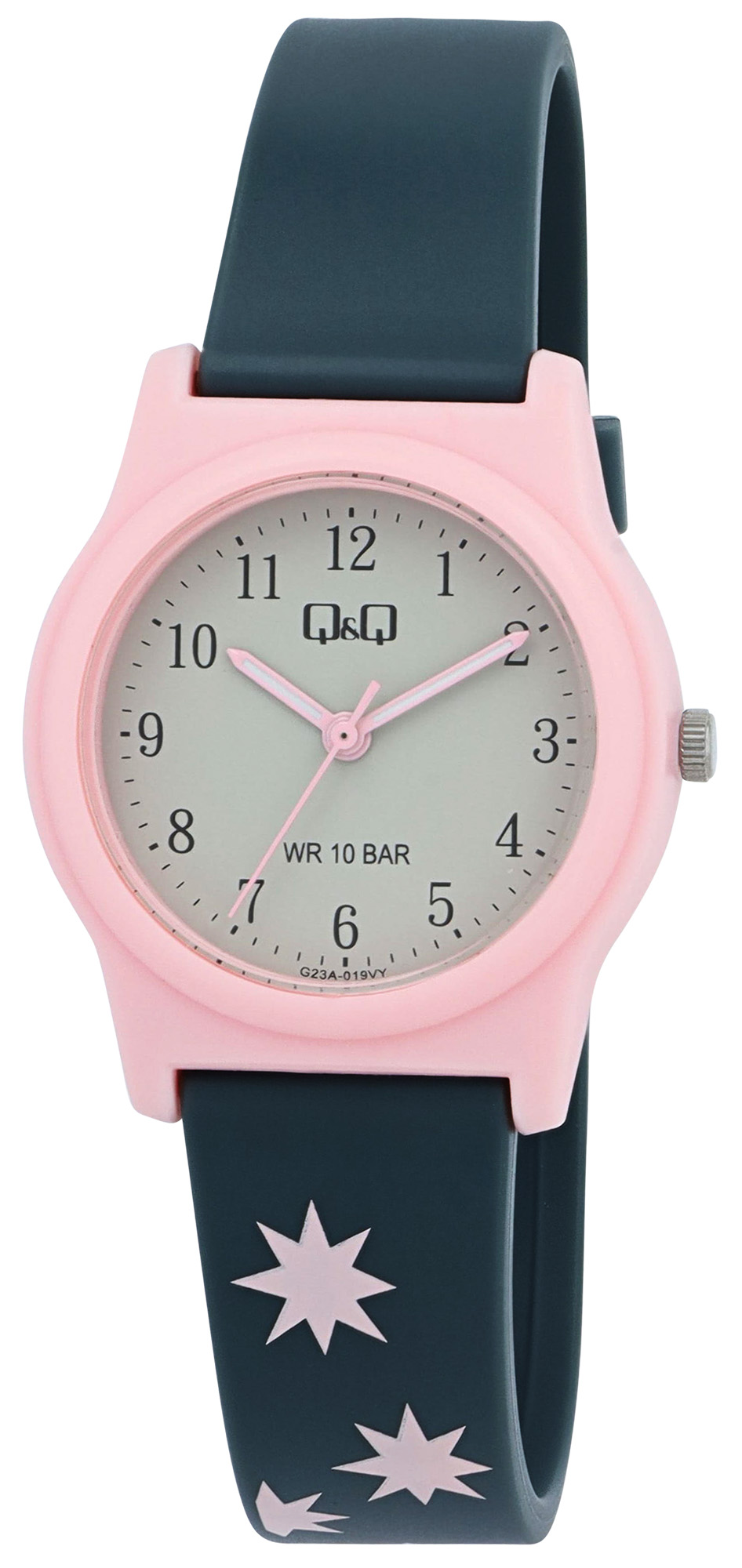 Q&Q Kinderuhr Ø 31 mm, Resinband, graublau/ rosa - Sterne