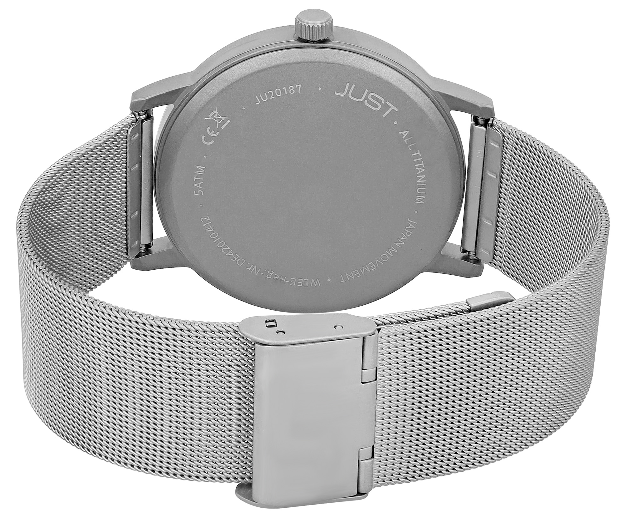 Just Titan Herrenuhr mit Edelstahl-Milanaisearmband, 5 ATM, graues ZB/schwarze Ziffern