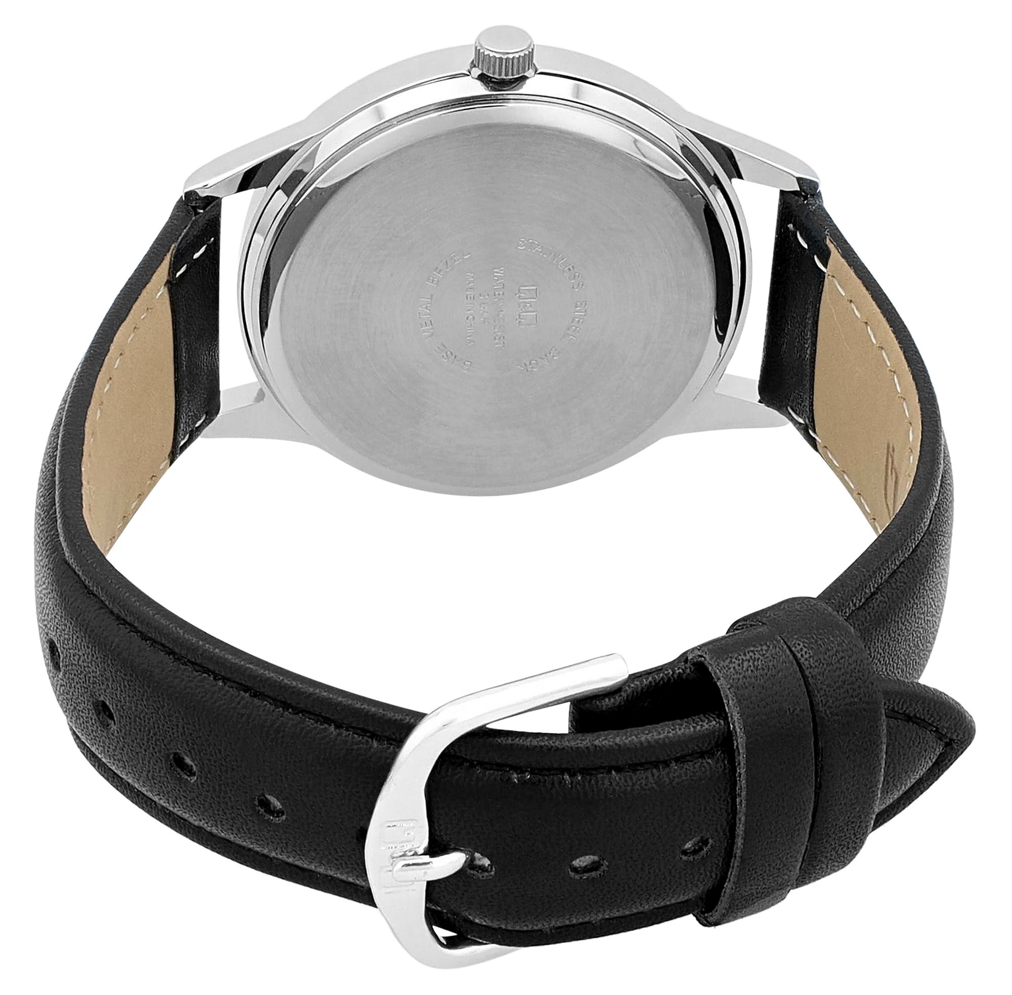 Q&Q Herrenuhr, Lederimitat, Ø 40 mm, schwarz/ silberfarben/ weiß
