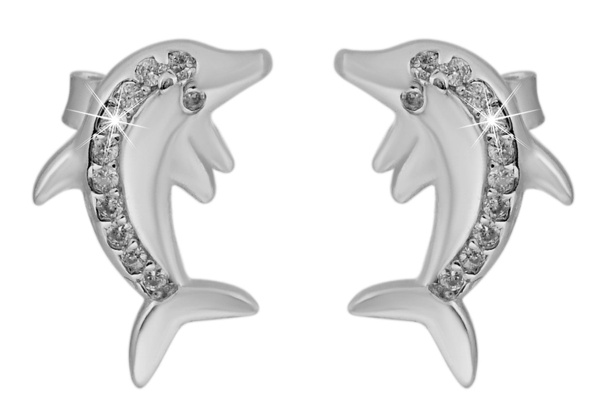 Silber Schmuck-Set, Anhänger,Ohrstecker Delphin mit Steine ,925/rhodiniert