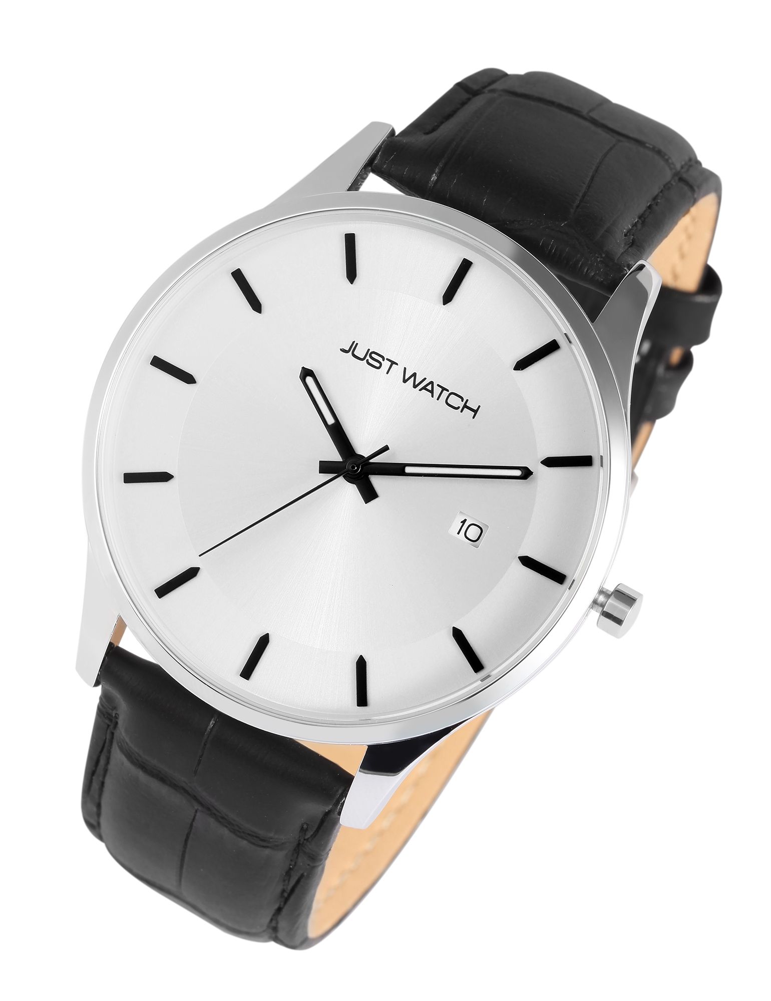 Just Watch Herrenuhr mit Echtlederarmband, Datumsanzeige, schwarz/silberfarben