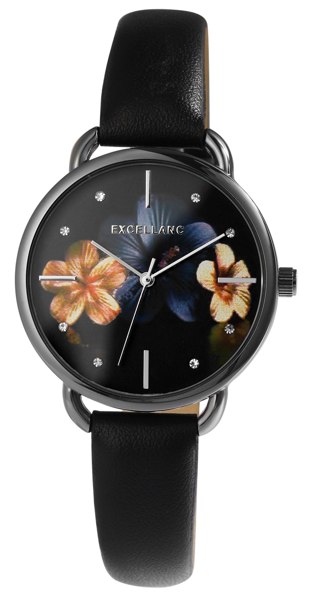 Excellanc Damenuhr mit Lederimitationsarmband, floral, schwarz