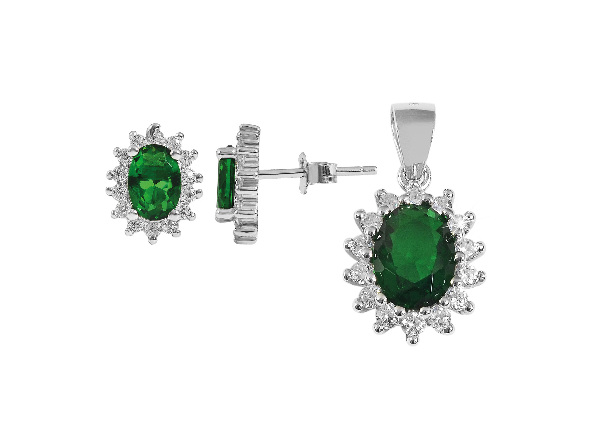"Diana" 925/- Echt Silber Set Anhänger + Ohrstecker, Zirkonia grün/ weiß, 925/rhodinert
