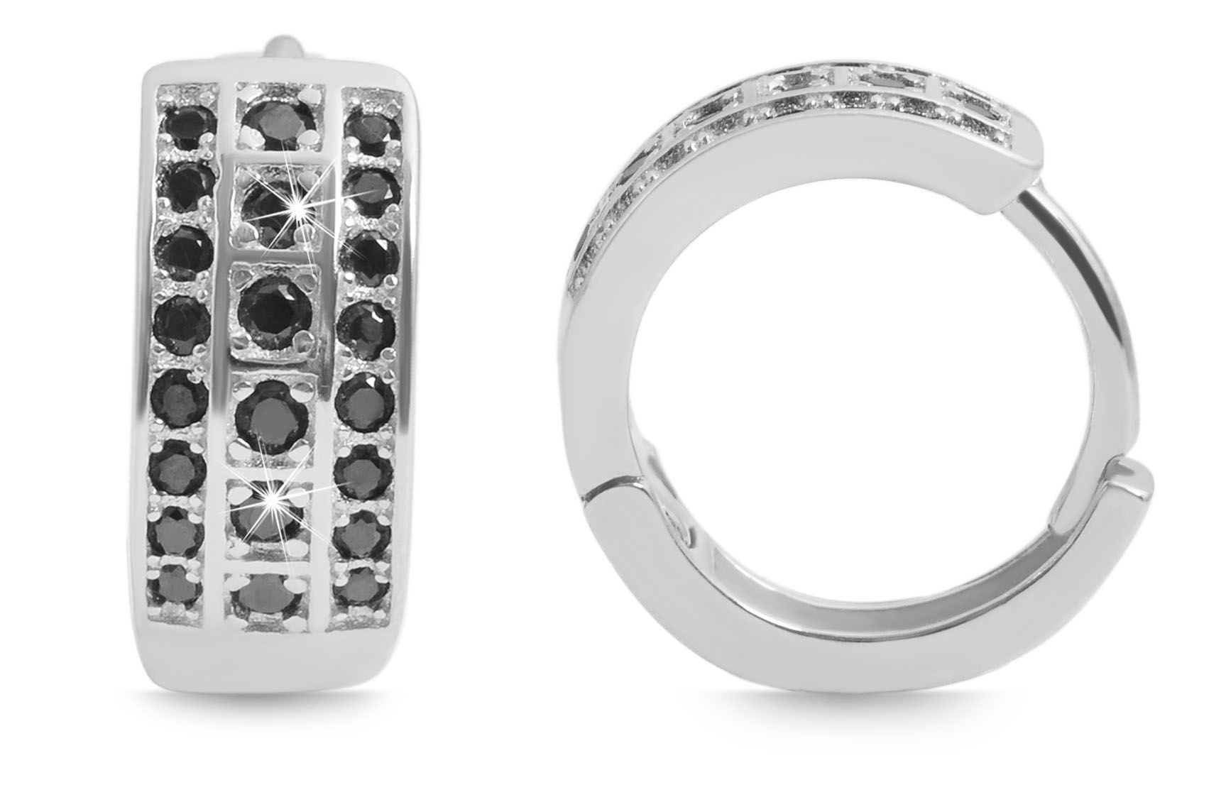 925/- Echt Silber Klappcreolen "Fenja" mit schwarzem Zirkoniabesatz, rhodiniert