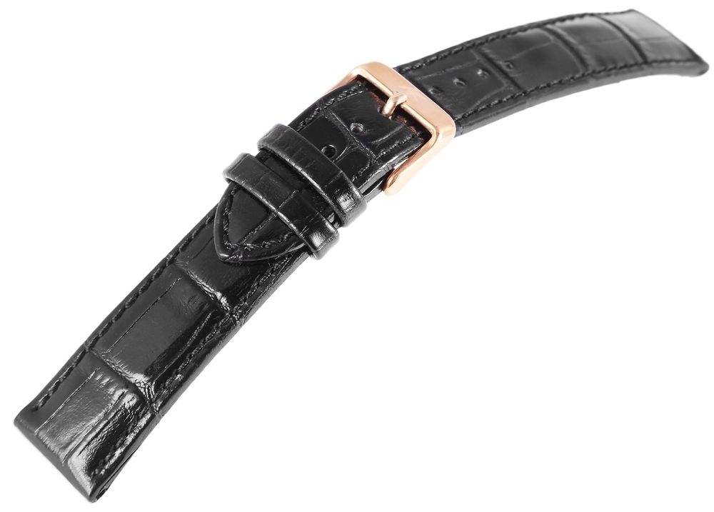 Echtleder-Uhrenarmband, schwarz, Krokooptik, 22 mm