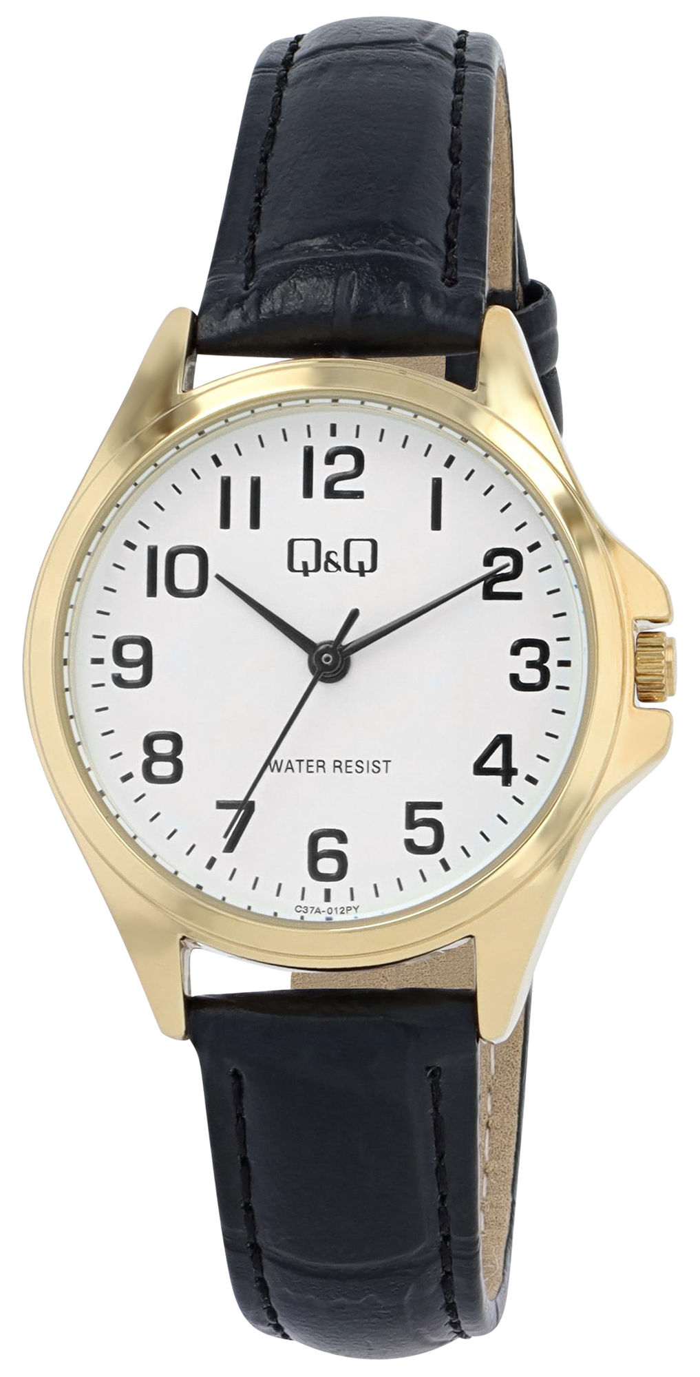 Q&Q Damenuhr Ø 30 mm, Lederimitat, schwarz/ goldfarben/ weiß