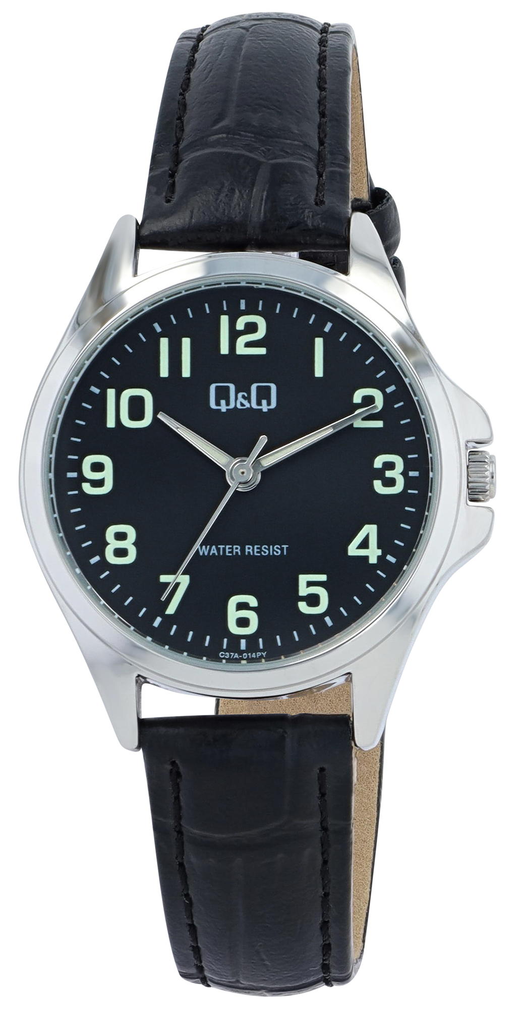 Q&Q Damenuhr Ø 30 mm, Lederimitat, schwarz/ silberfarben/ schwarz