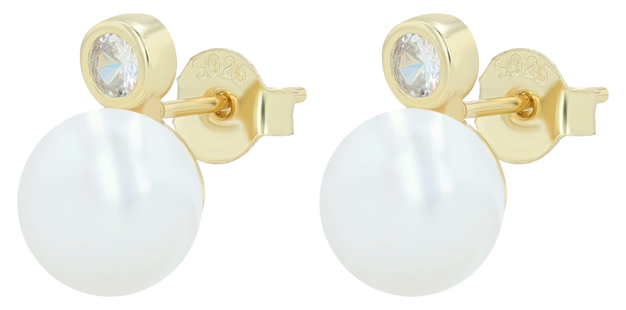 "Asrah" 925/- Echt Silber Ohrstecker - echte Süßwasserperle (8mm)/ Zirkonia, vergoldet