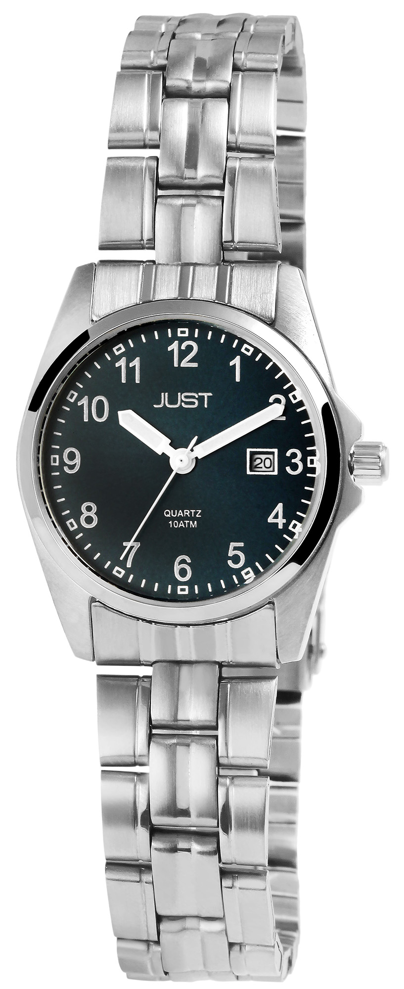 Just "Esrah" Edelstahl Damenarmbanduhr, 3-Zeiger, Datumsanzeige, silberfarben/ schwarzes ZB