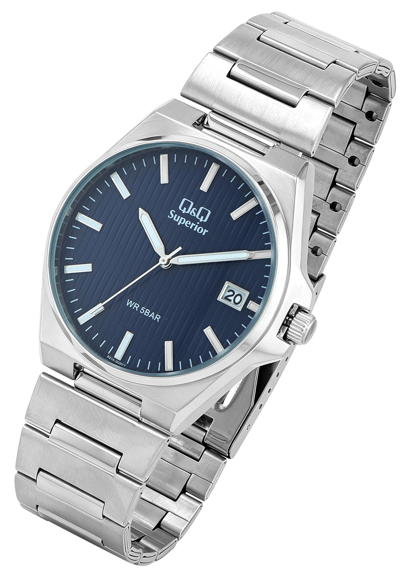 Q&Q Superior Herrenuhr Ø 40 mm, Edelstahlgehäuse, Edelstahlband, silberfarben/blau