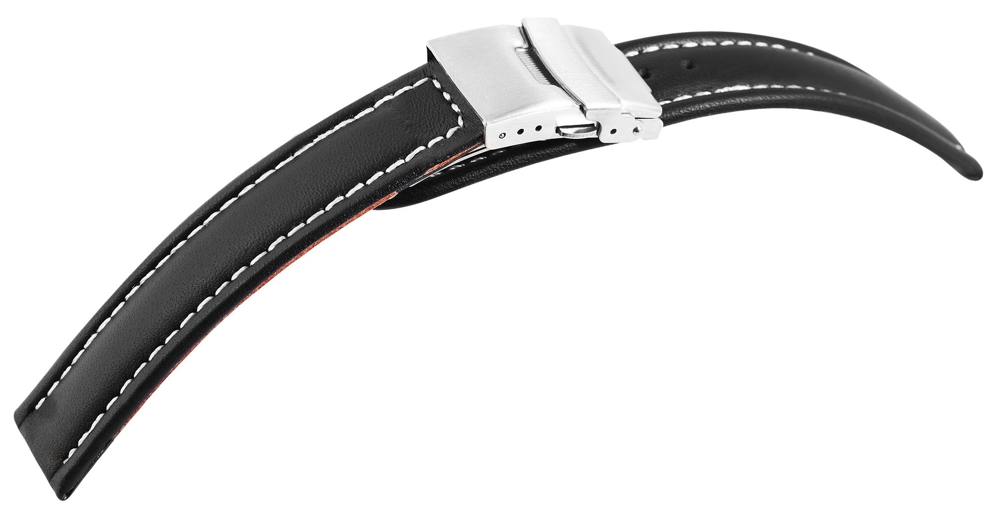 Echtleder-Uhrenarmband, schwarz, weiße Naht, Faltschließe, 16 mm